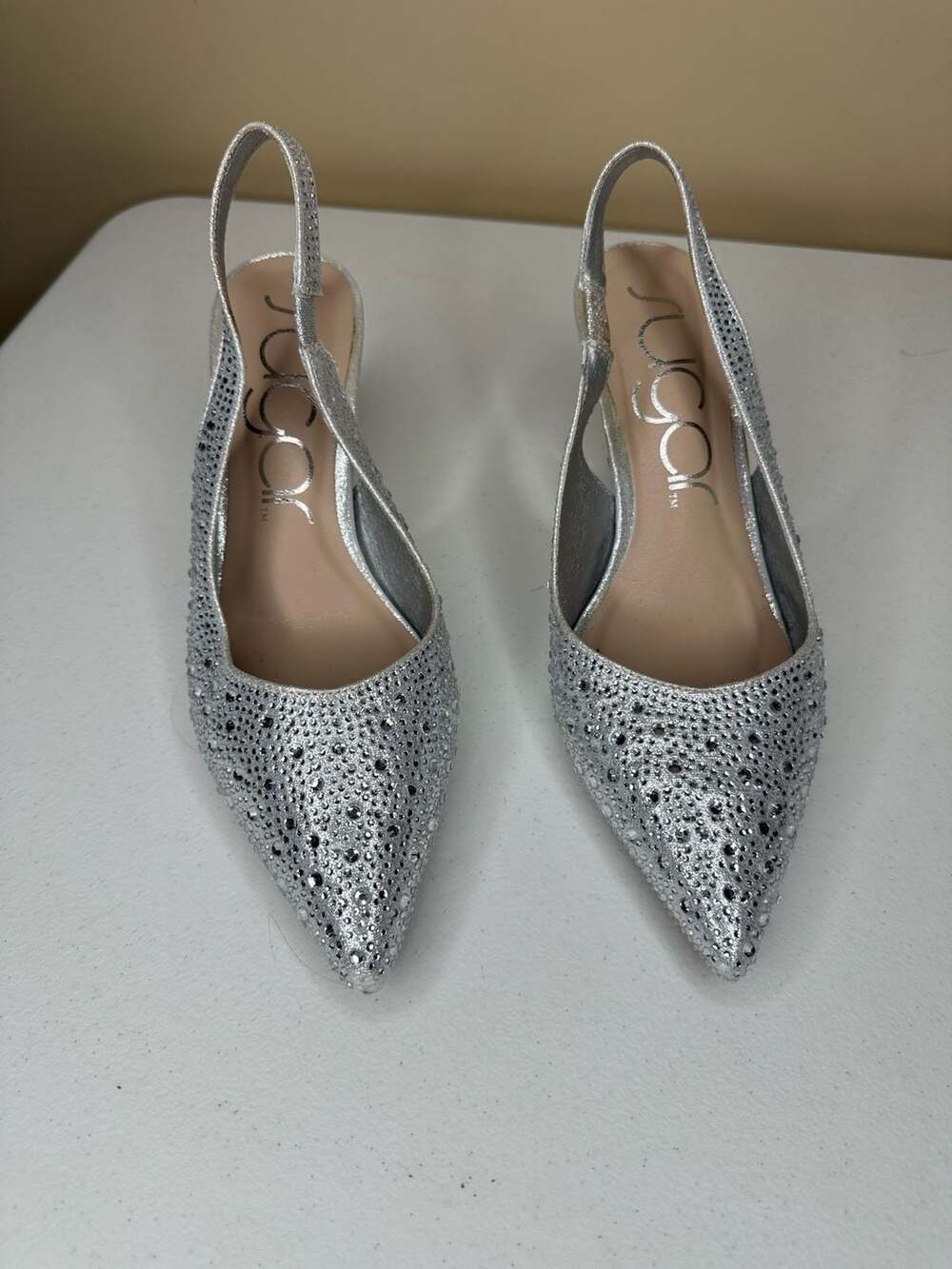 Sugar Rhinestone Slingback Heels Size 9 Silver Pointed Toe Pumps